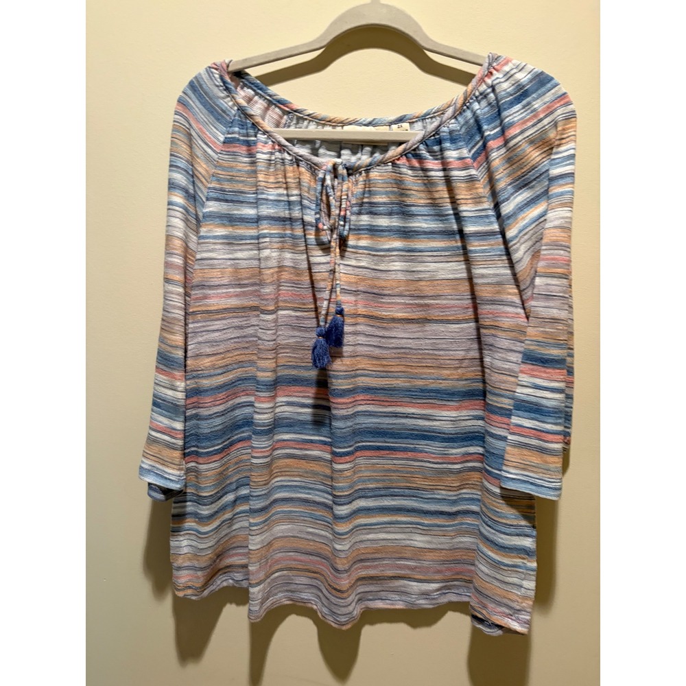 Studio Woman JP7 Blue Orange Striped Tassel Tie Neck Knit Top Plus Size 2X